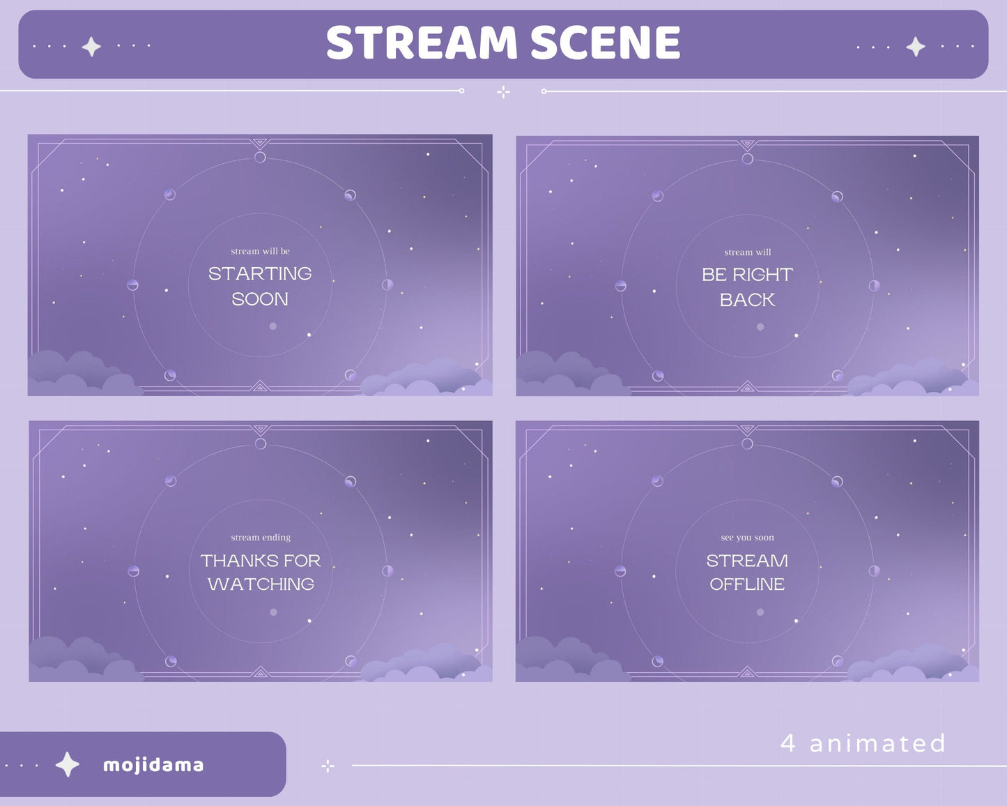 Purple Sky Animated Stream Pack: Lofi Violet Overlay, Emotes, Panels (Digital Download)