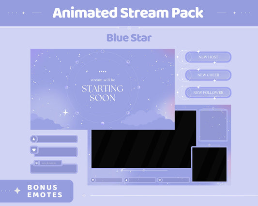 Blue Sky Animated Stream Pack: Purple Starry Vibe - VTuber Overlay (Digital Download)