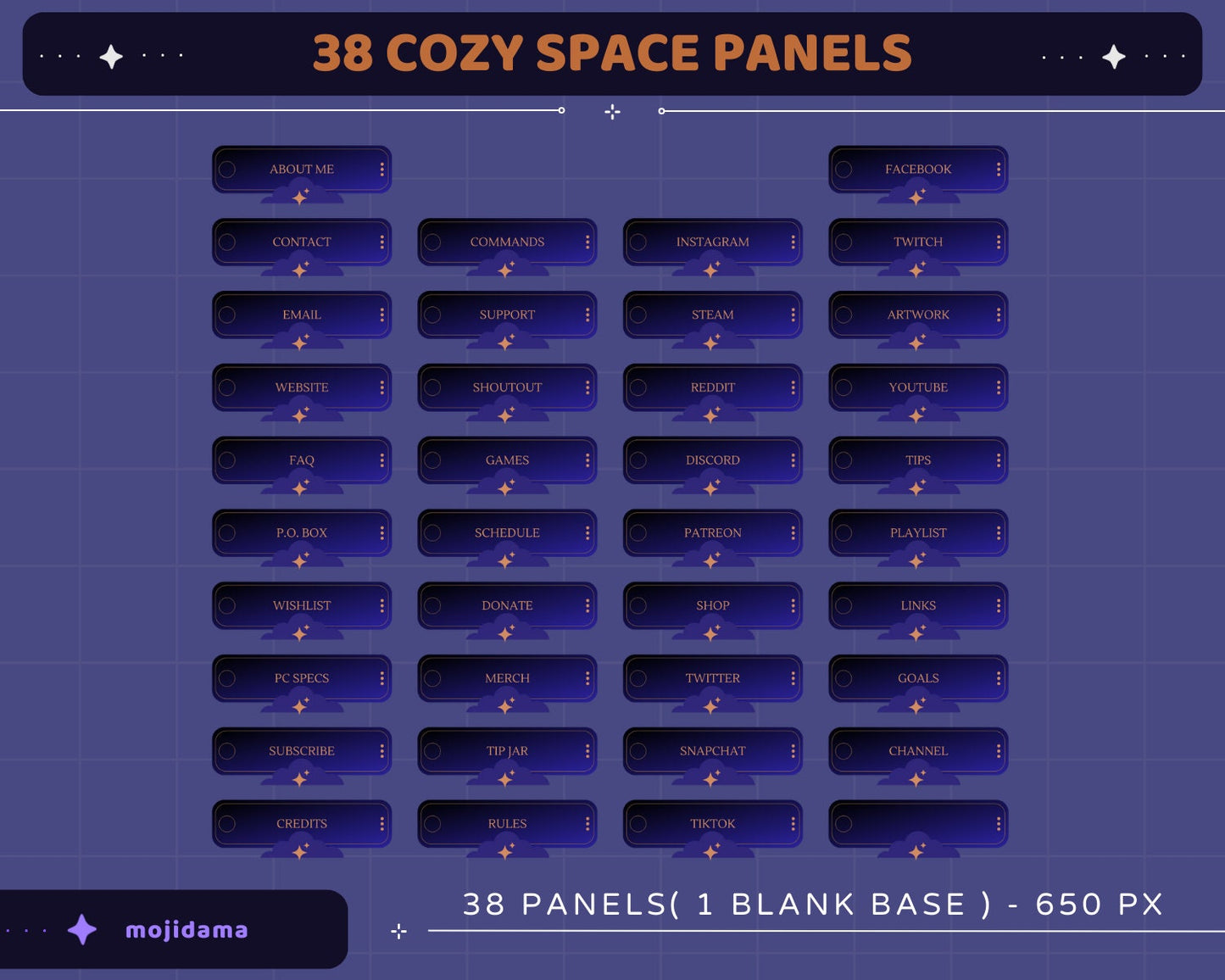 Space Twitch Panels Overlay Set – Black Static Stream Graphics with Stars & Cat Theme