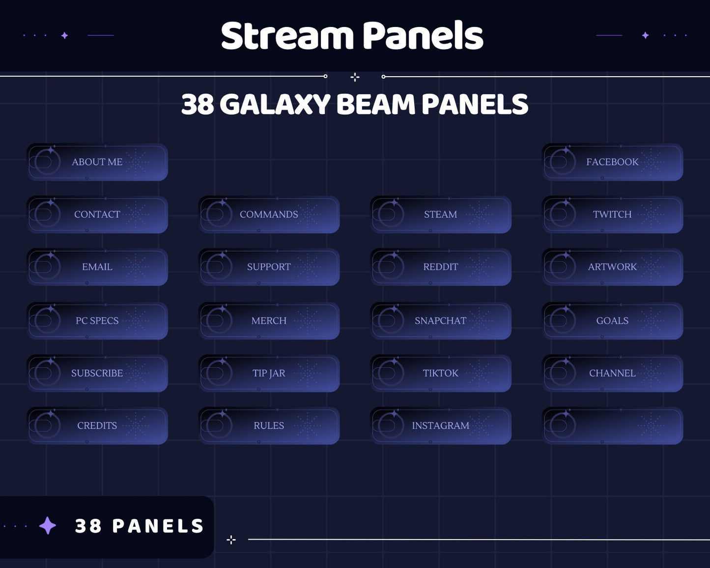 Galaxy Twitch Panels Overlay Set – Black Cosmic Stream Graphics with Stars & Cat Theme