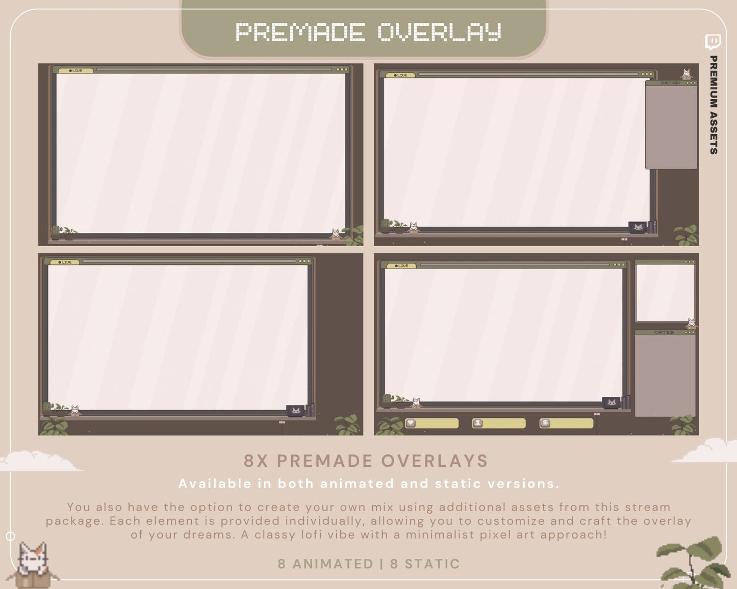 Cat Stream Animated Overlay Pack: Kitty Streamer Vtuber Kick Youtube Lofi
