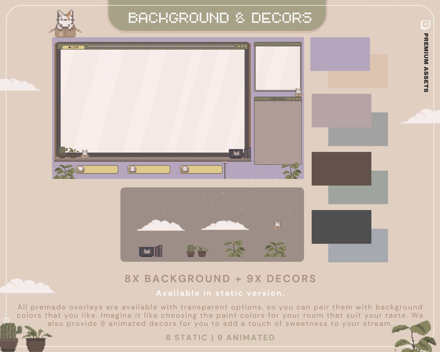 Cat Stream Animated Overlay Pack: Kitty Streamer Vtuber Kick Youtube Lofi