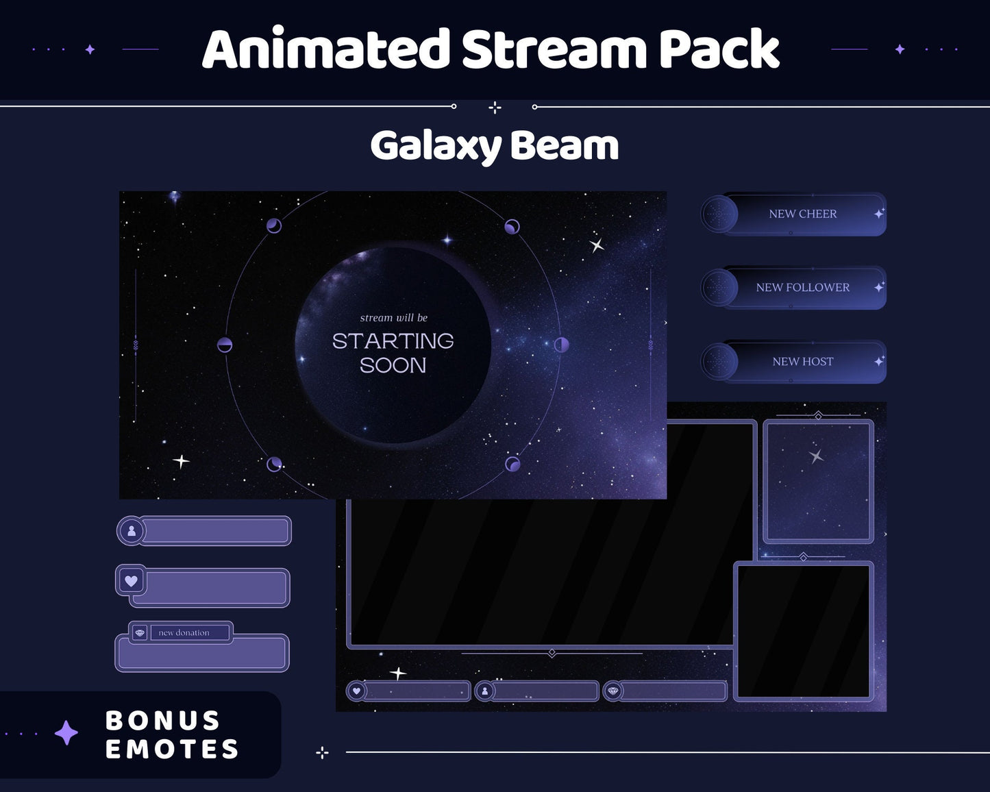 Galaxy Space Animation Stream Pack Dark Galaxy Star Animated Overlay Full Streaming Bundle Just Chatting Vtuber Friendly Emotes Panel Alerts