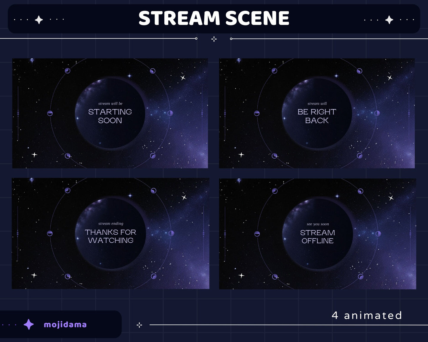 Galaxy Space Animation Stream Pack Dark Galaxy Star Animated Overlay Full Streaming Bundle Just Chatting Vtuber Friendly Emotes Panel Alerts