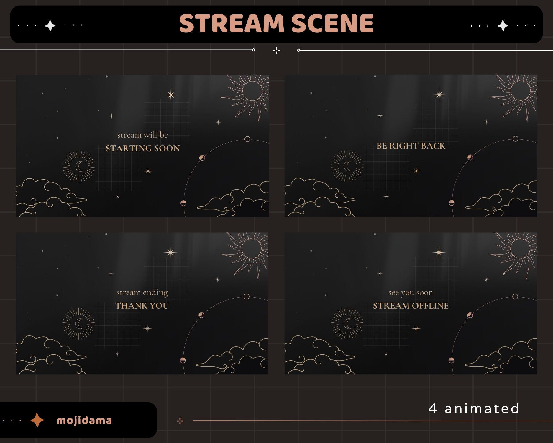 Black Space Animation Stream Pack Dark Aesthetic Star Animated Overlay Full Package Streaming Bundle Just Chatting Vtuber Friendly Emotes
