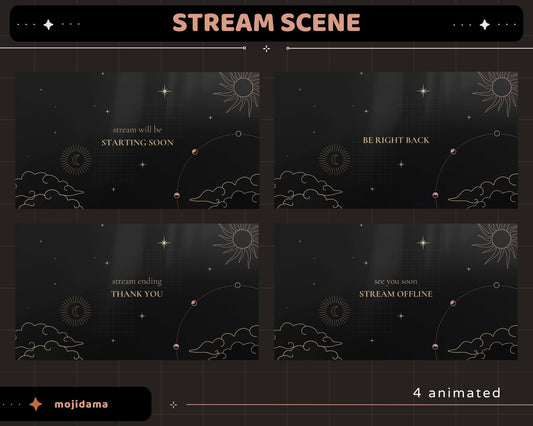 Black Space Animation Stream Pack Dark Aesthetic Star Animated Overlay Full Package Streaming Bundle Just Chatting Vtuber Friendly Emotes