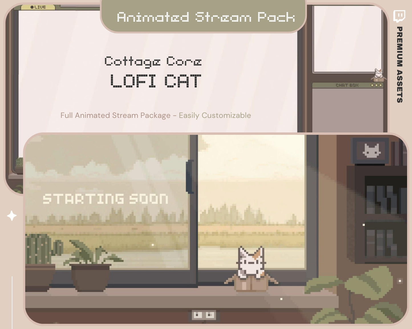Cat Stream Animated Overlay Pack: Kitty Streamer Vtuber Kick Youtube Lofi