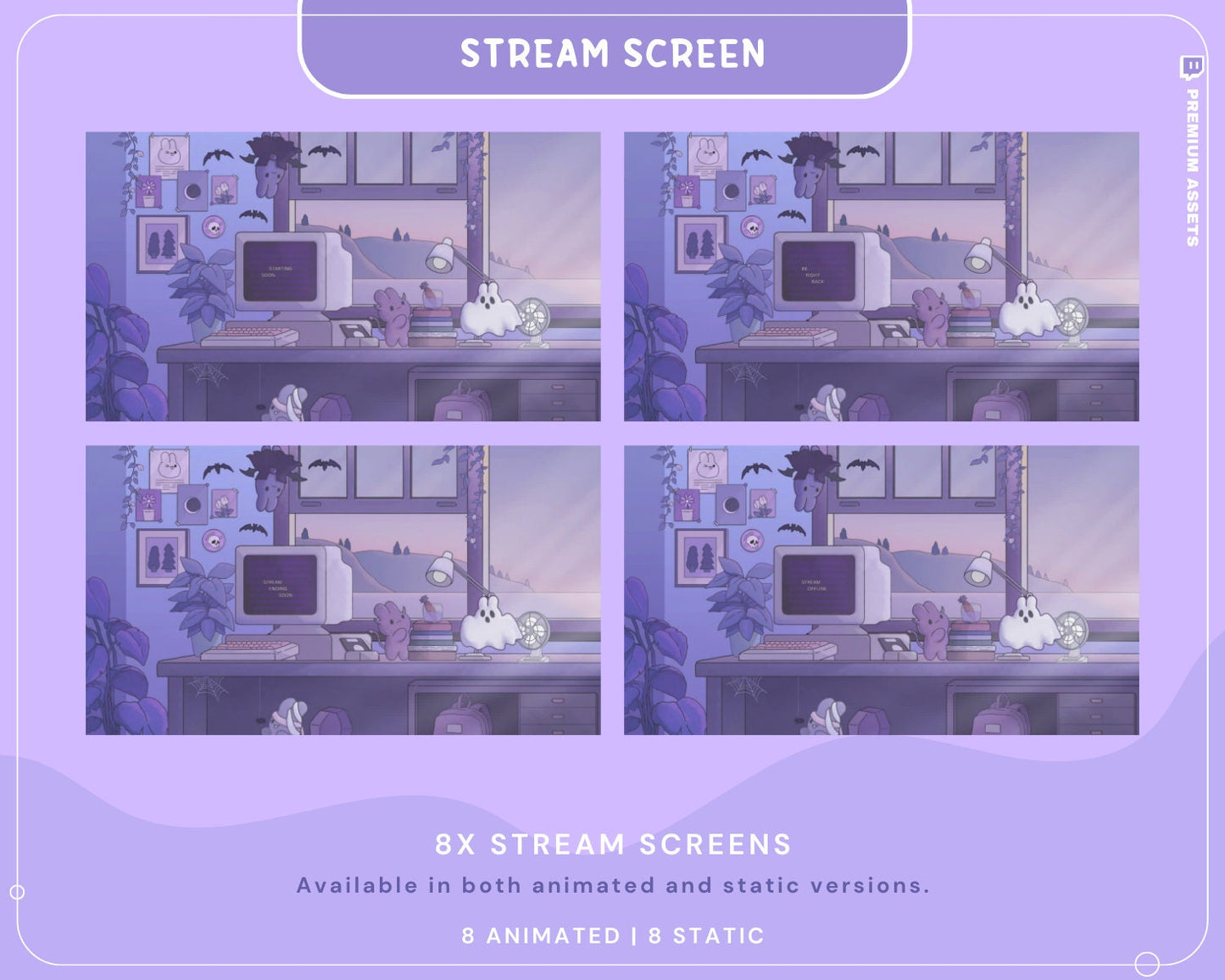 Cozy Twitch Overlay Animation Cute Halloween Bunny Boo Stream Pack Lofi Aesthetic Animated Full Package Purple Blue Pink Rabbit Cat Vtuber