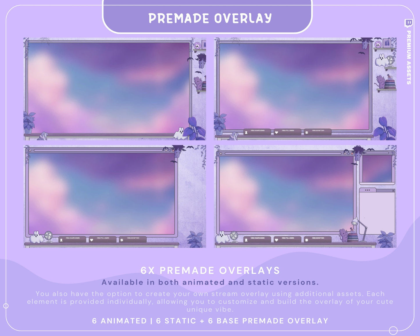 Cozy Twitch Overlay Animation Cute Halloween Bunny Boo Stream Pack Lofi Aesthetic Animated Full Package Purple Blue Pink Rabbit Cat Vtuber