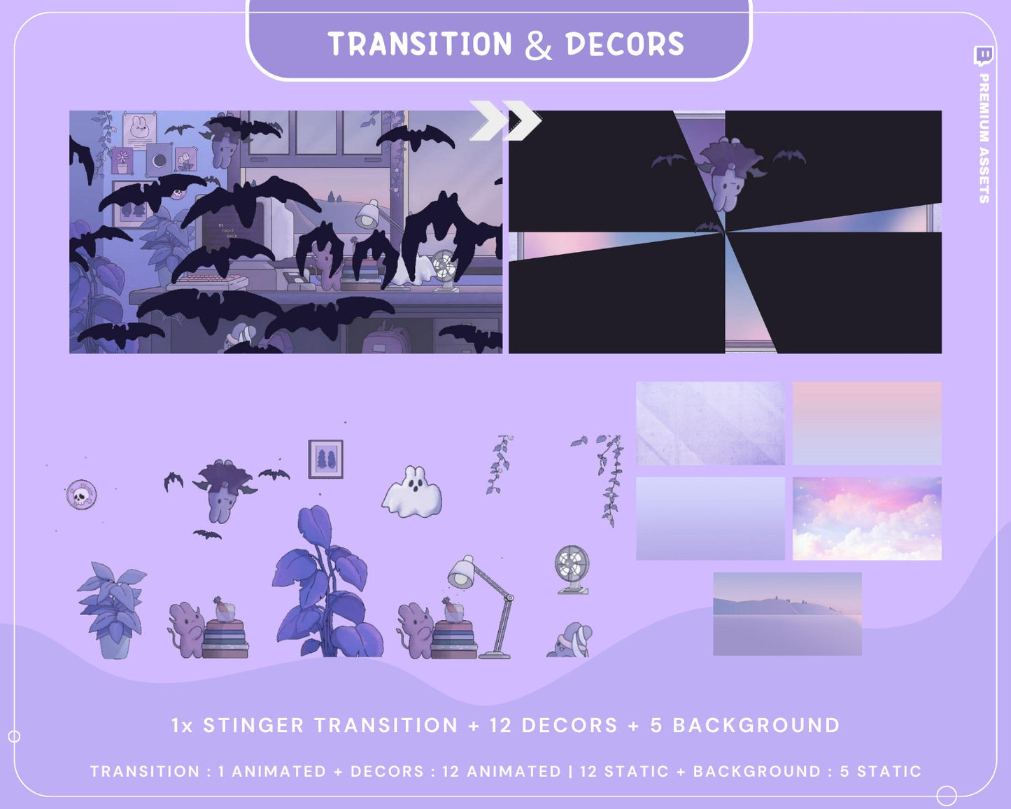 Cozy Twitch Overlay Animation Cute Halloween Bunny Boo Stream Pack Lofi Aesthetic Animated Full Package Purple Blue Pink Rabbit Cat Vtuber