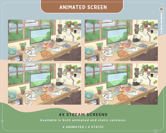 There are 4 screens here, starting soon, be right back, stream ending, and stream offline. All animations made with aesthetic coze room vibe