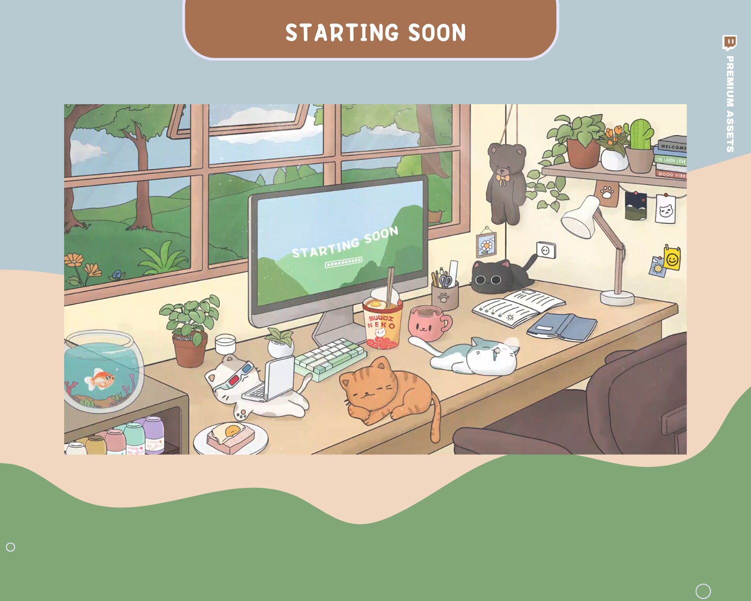 Cat Twitch Stream Screens Animation Scenes Overlay Cute Kitty Animated Cozy Room Obs Streamlabs Twitch Studio Vtuber Aesthetic Starting Soon