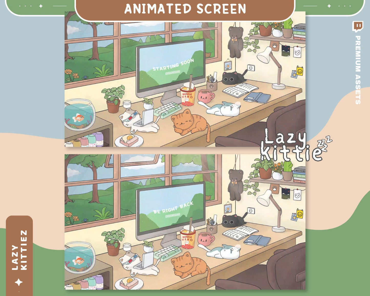 Cat Twitch Stream Screens Animation Scenes Overlay For Live Streamer. Easy setup with obs, streamlabs, twitch studio