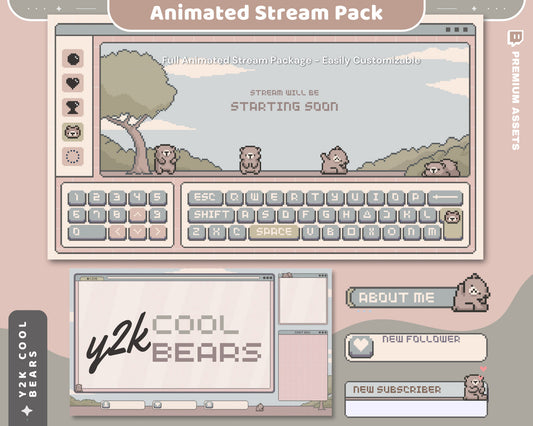 Bear Twitch Overlay Animation Cute Lofi Stream Pack Aesthetic Pixel Green Blue Cat Bunny Alert Animated Obs Streamlabs Full Package Vtuber