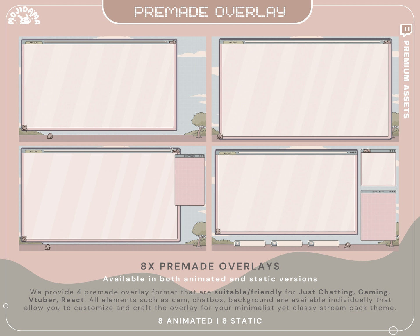 Bear Twitch Overlay Animation Cute Lofi Stream Pack Aesthetic Pixel Green Blue Cat Bunny Alert Animated Obs Streamlabs Full Package Vtuber