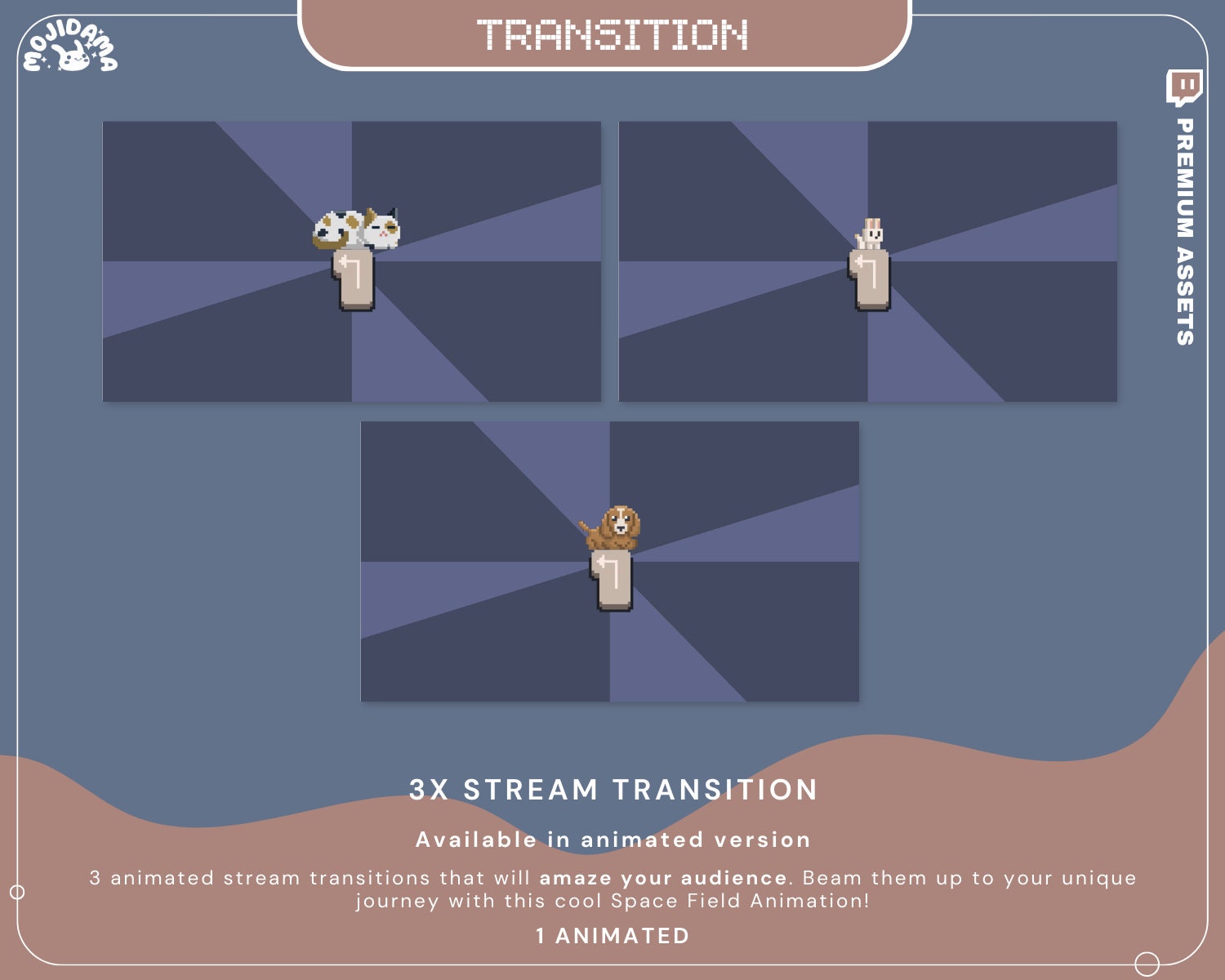 Unlock the full potential of your streams with our comprehensive full stream package, stinger transition are included in this pack. You will love our bunny, cat, and dog transition.