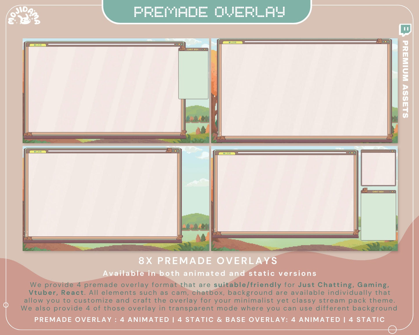 Perfect for Vtubers, this Stream Pack includes a brown color scheme that adds a cozy vibe to your OBS Studio.