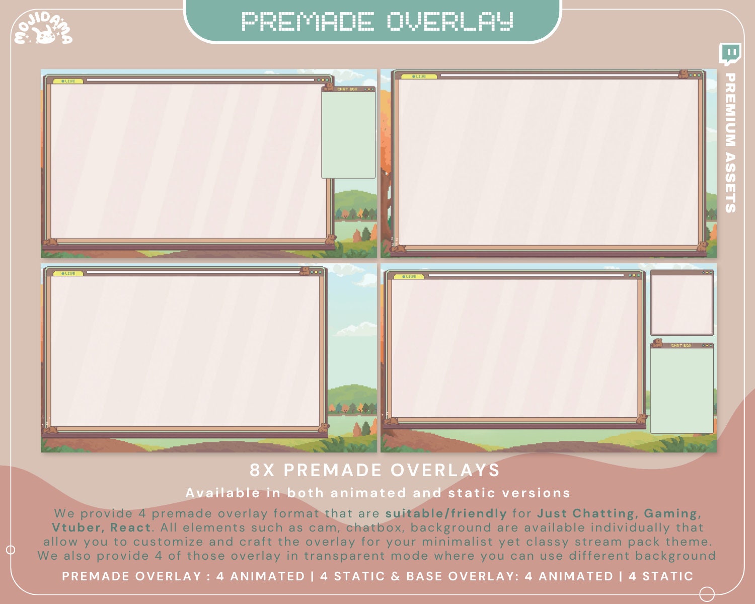 Perfect for Vtubers, this Stream Pack includes a brown color scheme that adds a cozy vibe to your OBS Studio.