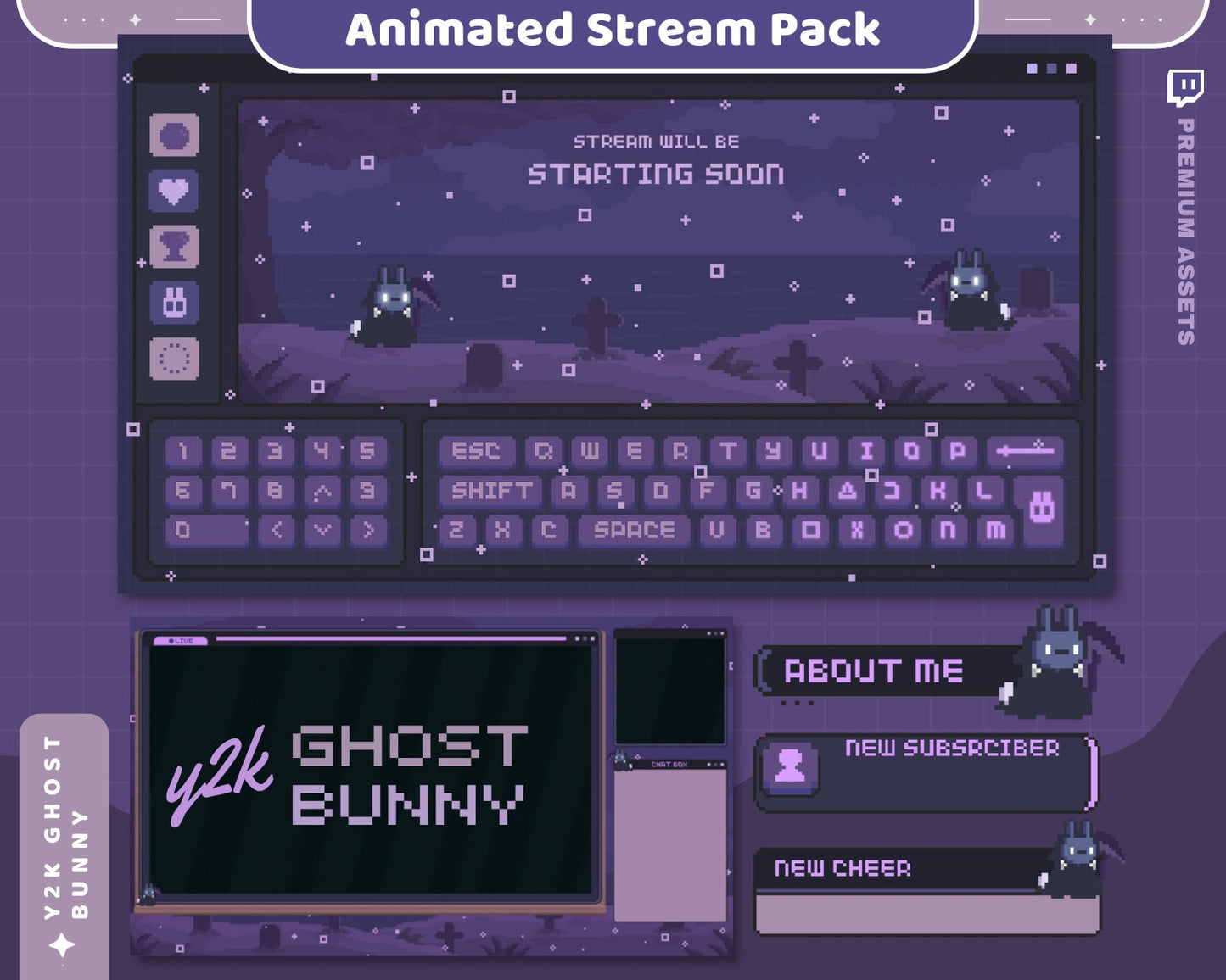 The Bunny Animation Stream Pack features dark purple overlays perfect for creating a spooky and cute streaming aesthetic.