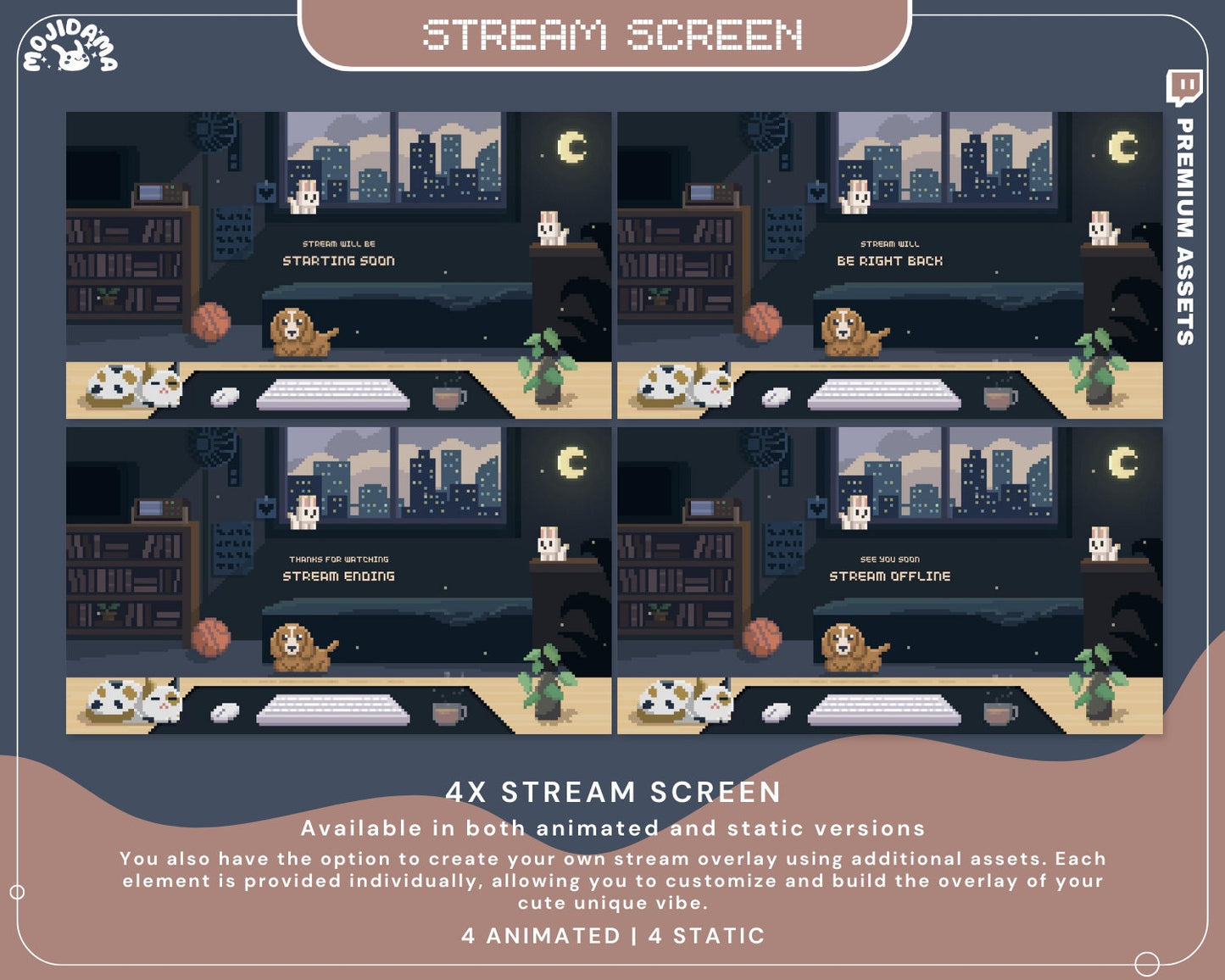 Y2K Dark Room Animated Twitch Stream Screens: Cat, Dog, Bunny (WEBM)