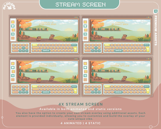Capybara Lofi Animated Stream Screens: Y2K Twitch Scenes