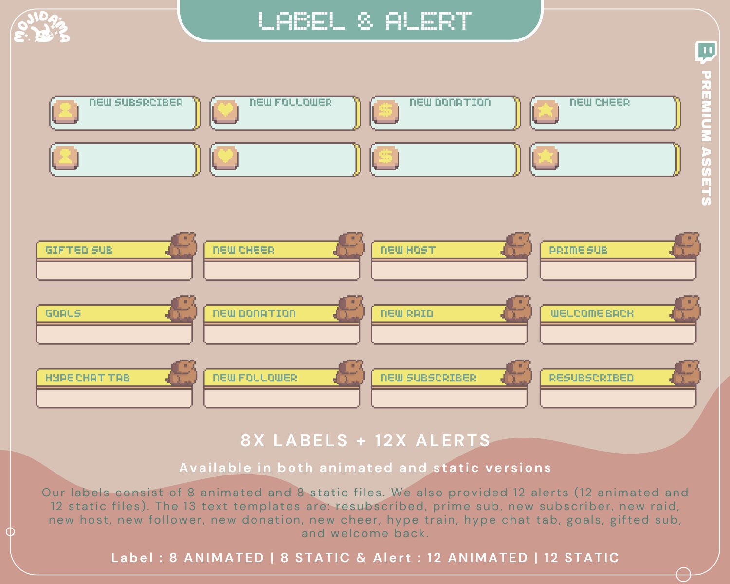 The Lofi Twitch Animation Overlay Capybara bundle is designed to create a cute animal aesthetic on your stream.