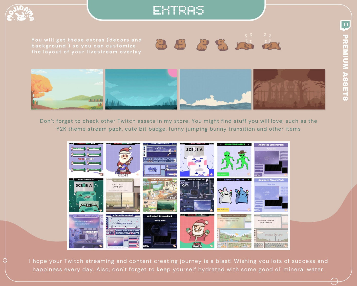 This bundle includes a variety of animation overlays featuring adorable capybara designs for your OBS Studio.