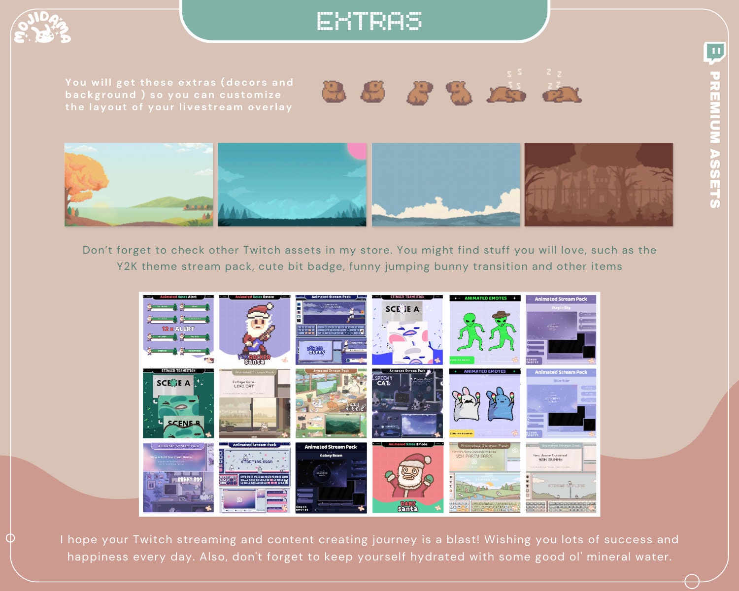This bundle includes a variety of animation overlays featuring adorable capybara designs for your OBS Studio.