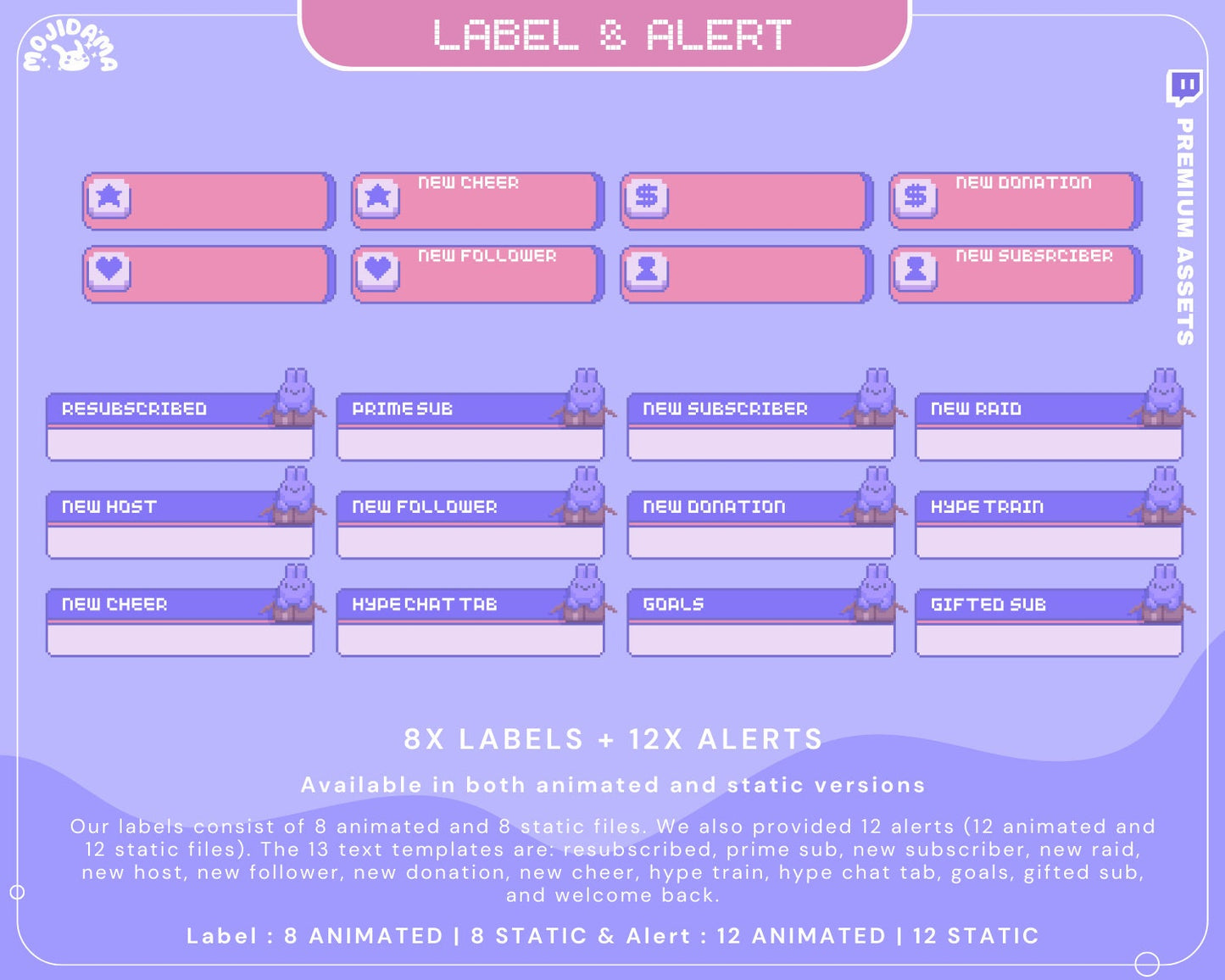 The Lofi Twitch Overlay Animation with bunny designs in purple, pink, and blue creates a cozy and cute aesthetic in this full package of overlays, ideal for OBS Studio, Streamlabs, and any Vtuber enhancing their streaming vibe.