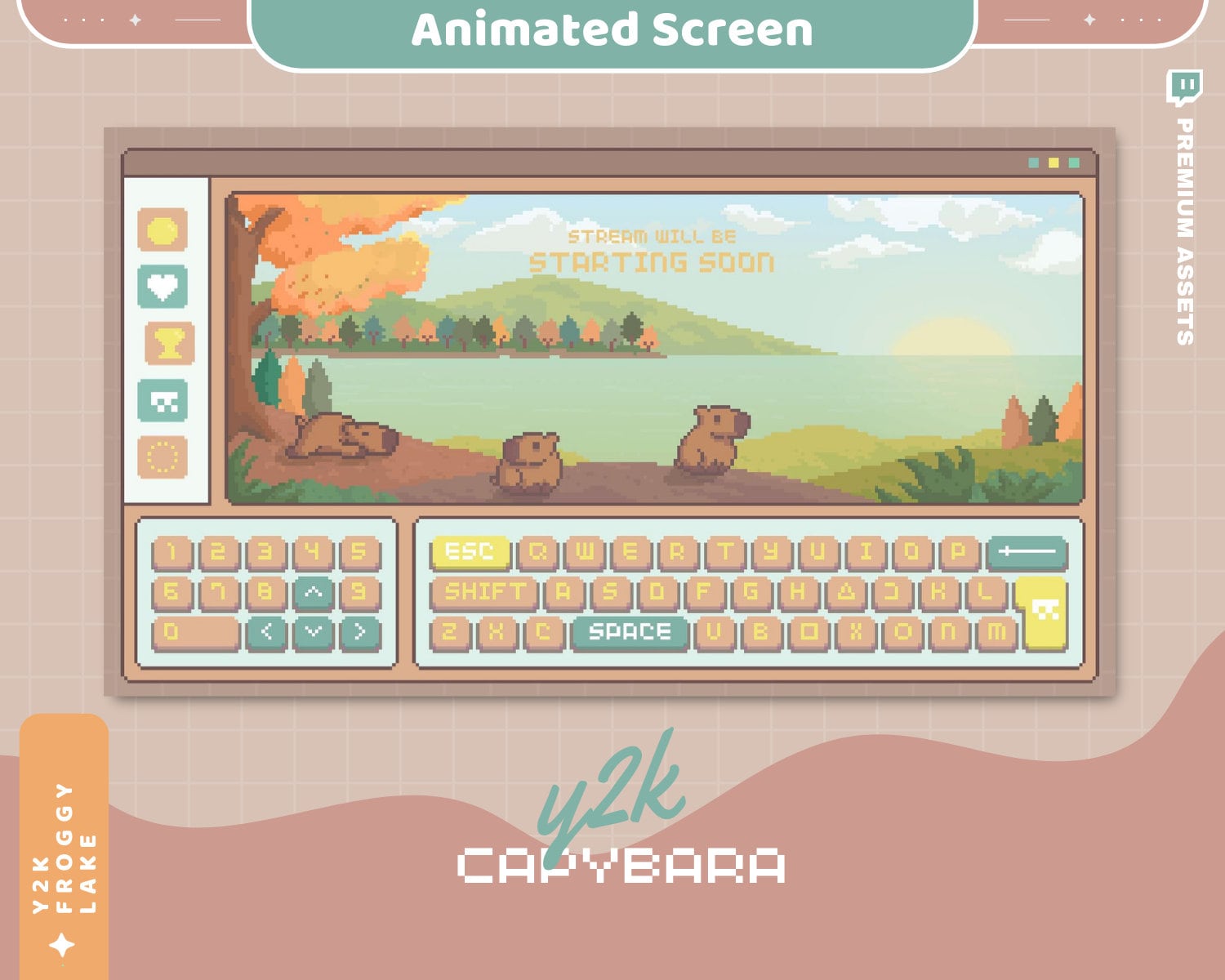 Capybara Lofi Animated Stream Screens: Y2K Twitch Scenes