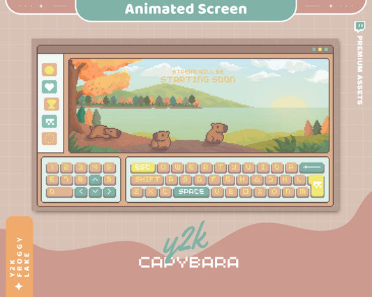 Capybara Lofi Animated Stream Screens: Y2K Twitch Scenes