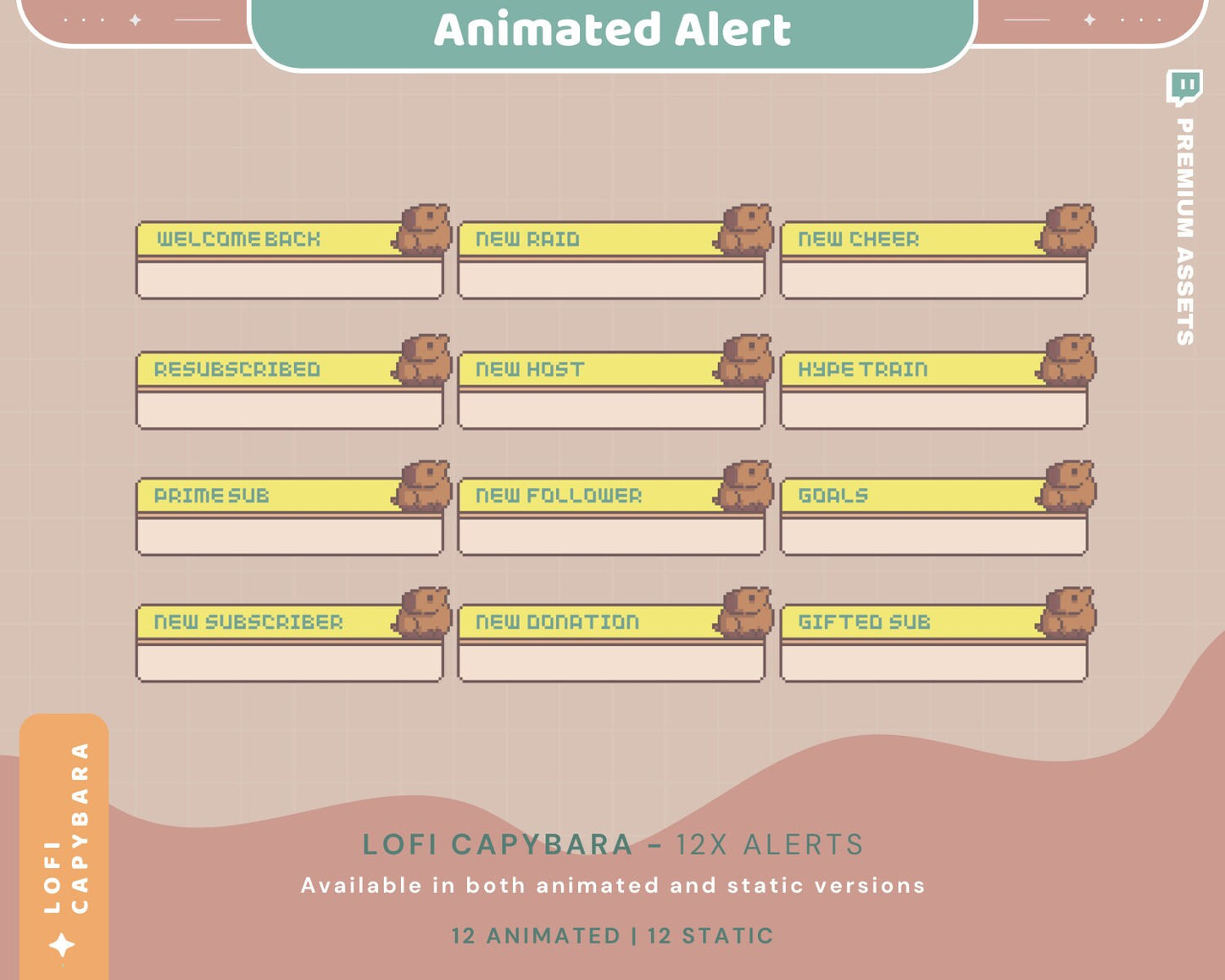 Capybara Neon Stream Alerts: Animated Twitch Overlay (12x)