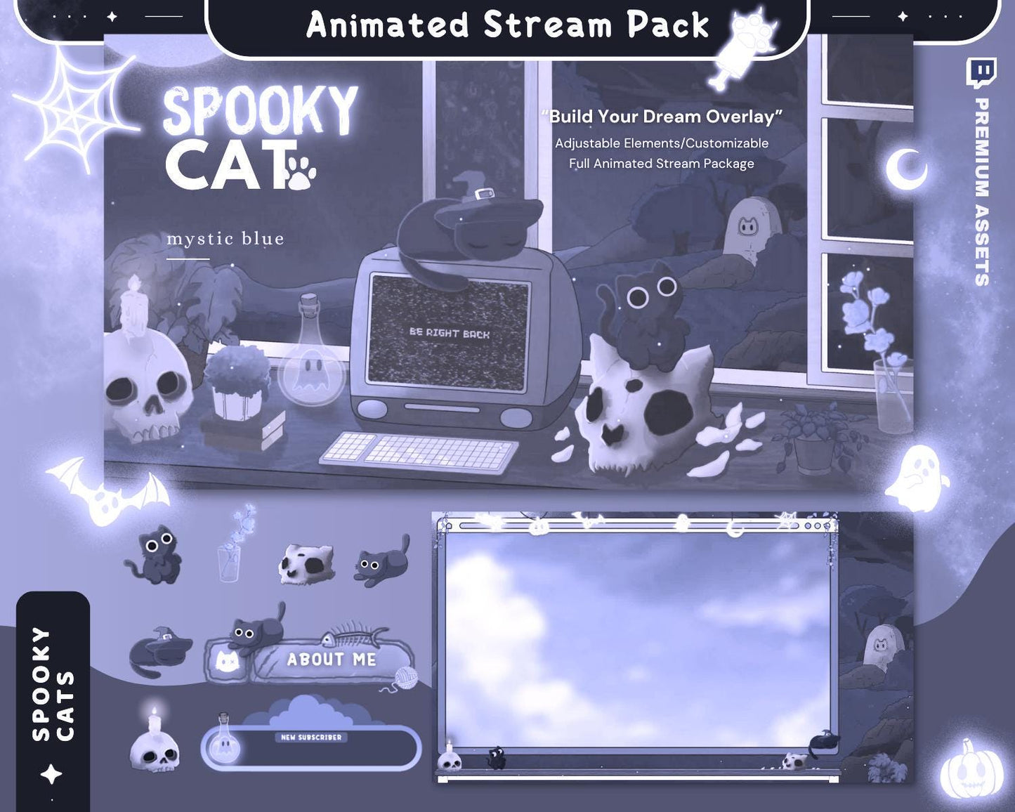 Halloween Twitch Overlay Pack Cat Stream Vtuber Animation Overlaye Kitty Cute Spooky Full Streaming Package Obs Streamlabs Lofi Aesthetic