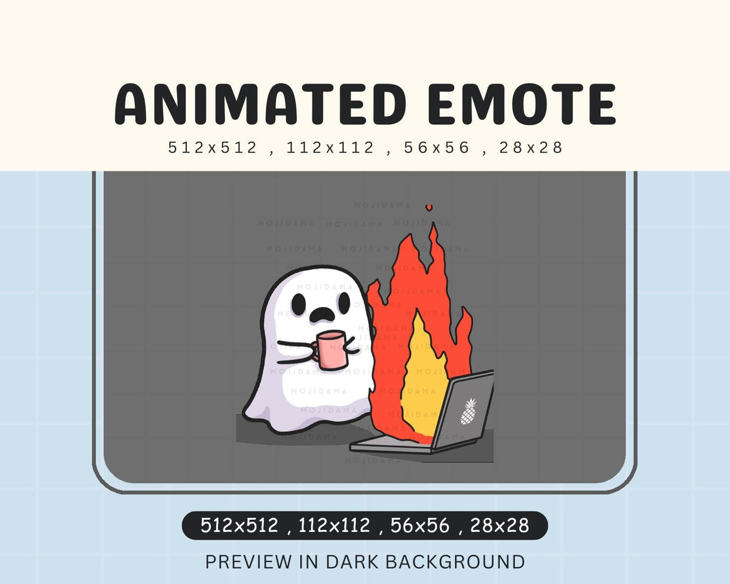 Ghost Halloween Fire Emote Twitch Animated Im Fine Flame Burnt Cute Chibi Animation Spooky Stream Kawaii Live Vtuber Kick Discord Sticker