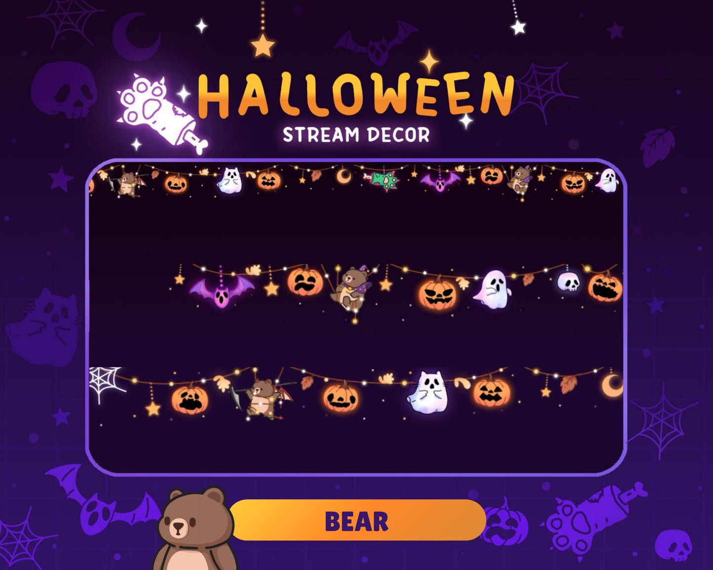 Bear Halloween Twitch Decoration: Animated Cute Stream Pumpkin Ghost Streamer Vtuber