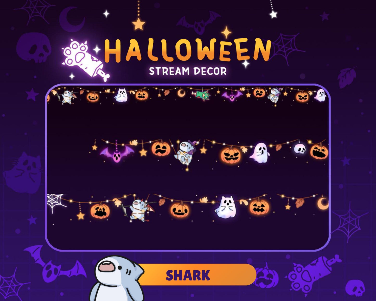 Halloween Twitch Decoration Animated Overlays: Shark Cute Stream Pumpkin Ghost Decor Vtuber