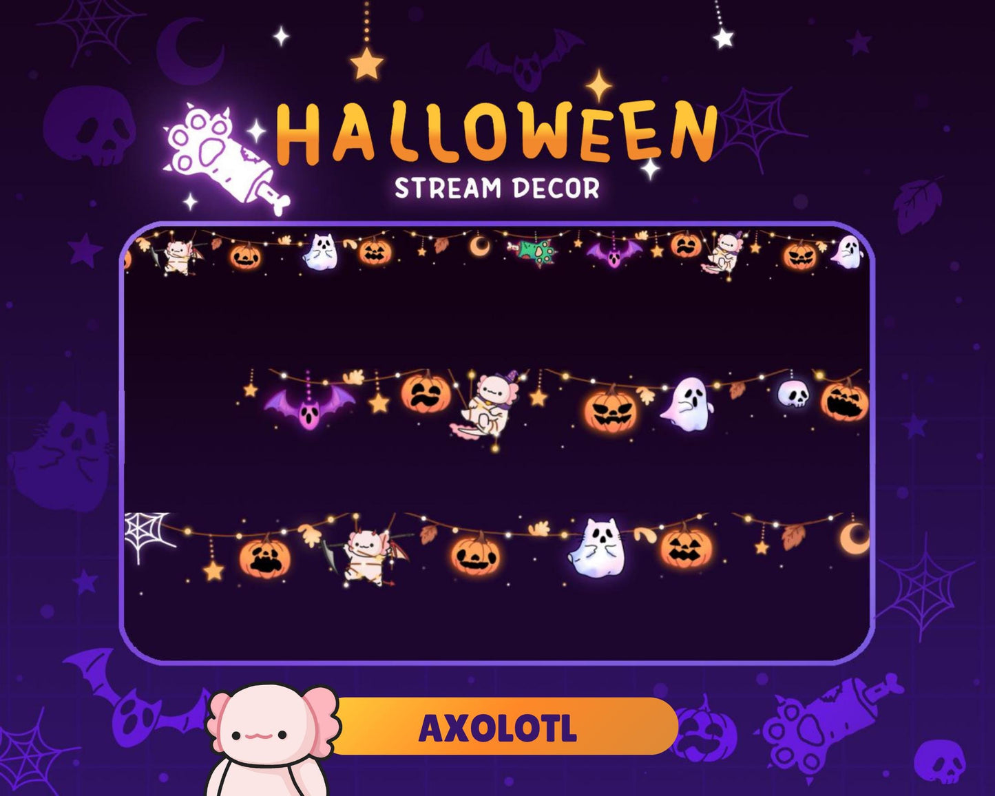 Axolotl Halloween Twitch Decoration Stream: Animated Cute Pumpkin Ghost Streamer Vtuber