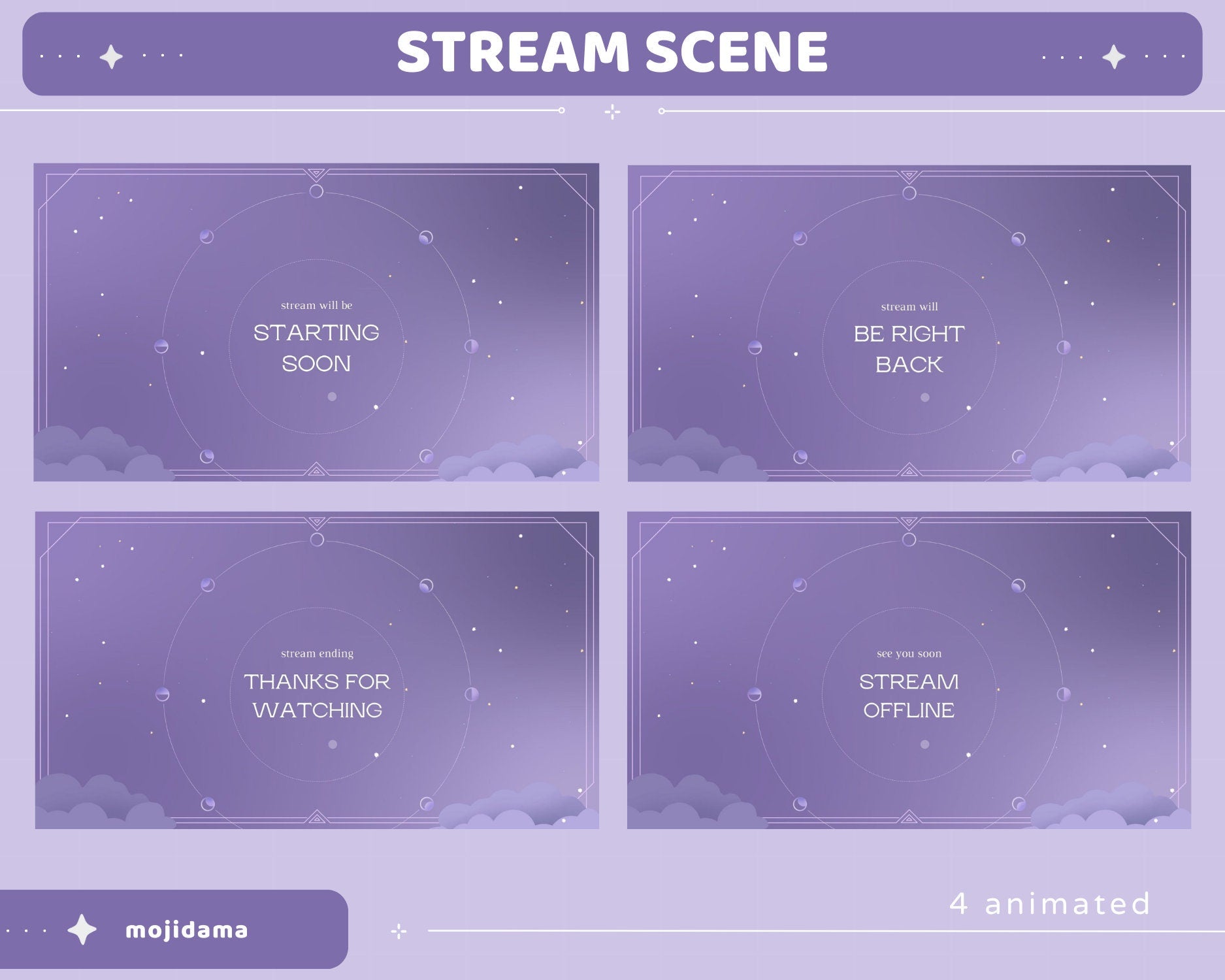 Purple Sky Animated Stream Pack: Lofi Violet Overlay, Emotes, Panels (Digital Download)