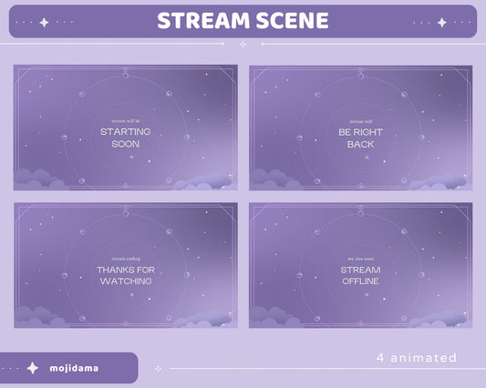 Purple Sky Animated Stream Pack: Lofi Violet Overlay, Emotes, Panels (Digital Download)