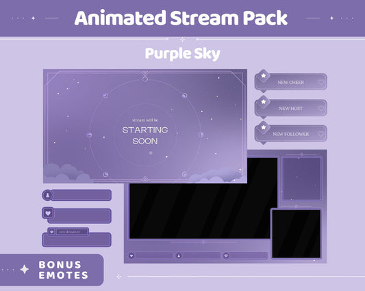 Purple Sky Animated Stream Pack: Lofi Violet Overlay, Emotes, Panels (Digital Download)