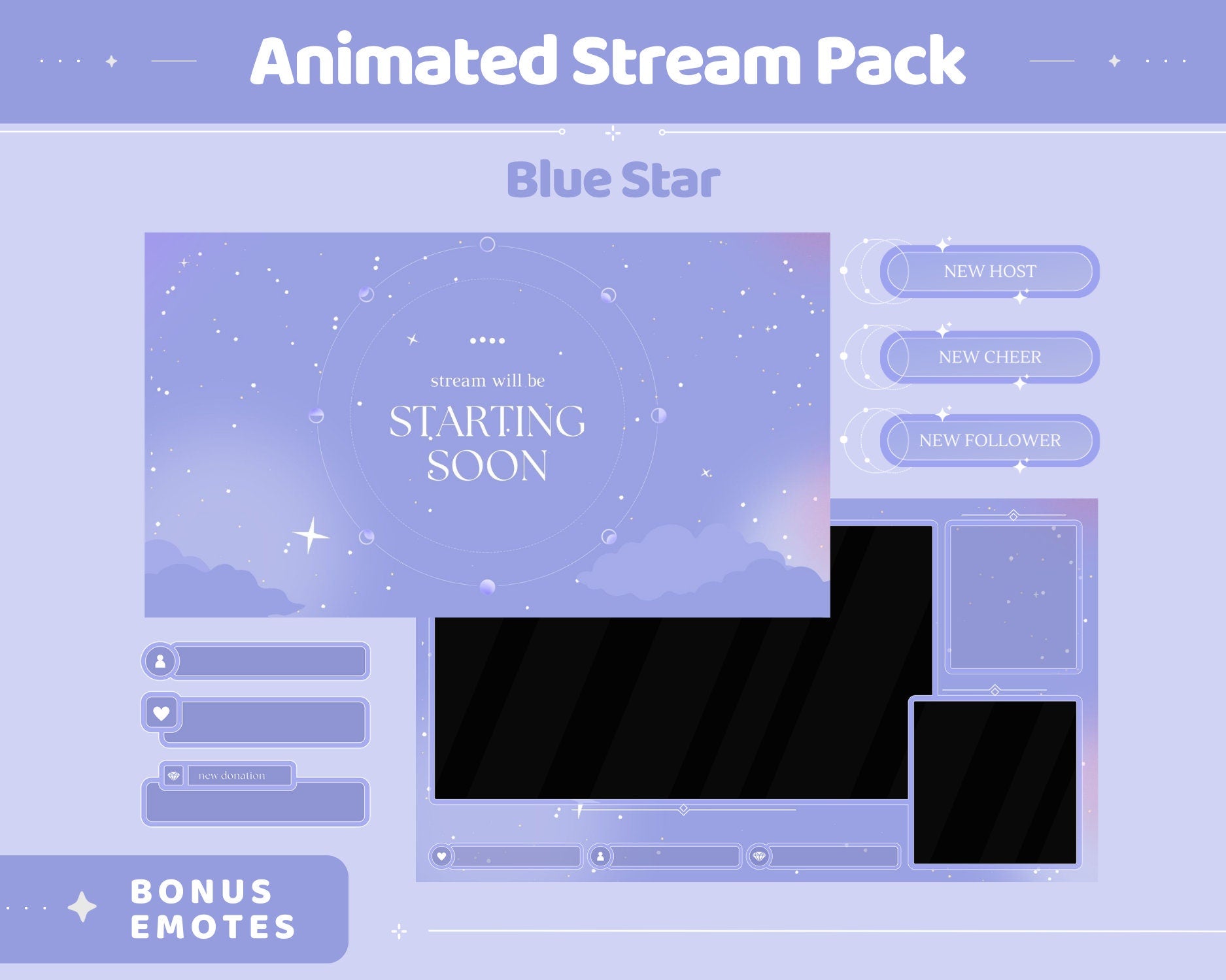 Blue Sky Animated Stream Pack: Purple Starry Vibe - VTuber Overlay (Digital Download)