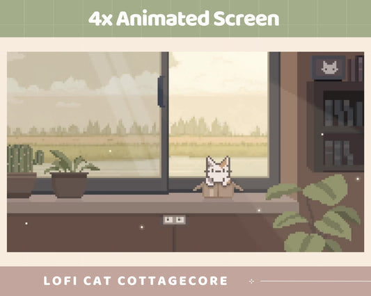 Lofi Cat Cottagecore Animated Twitch Screens: Pixel Art Overlay (Digital Download)