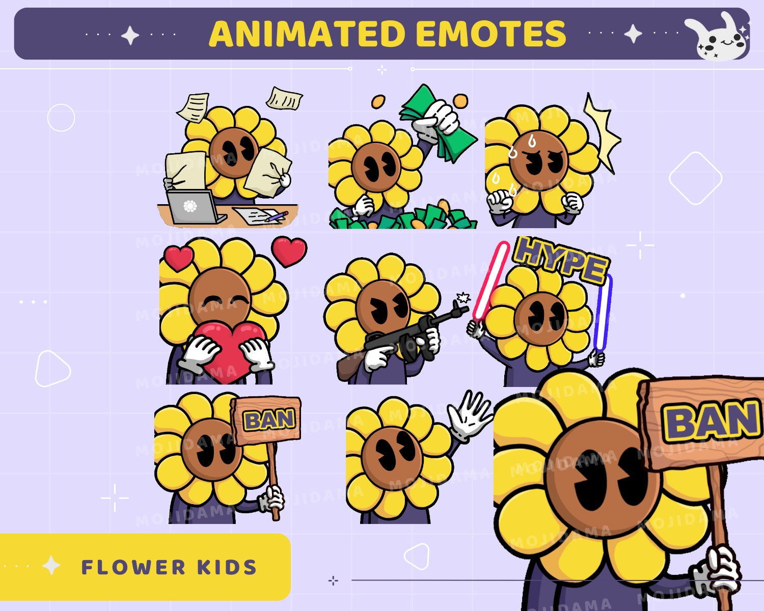 Flower Emotes Animation Funny Plant Animated Cute Emote Set Sus Sub Raid Ban Kawaii Yes Happy Sad Cat Bunny Twitch Kick Bundle Full Pack