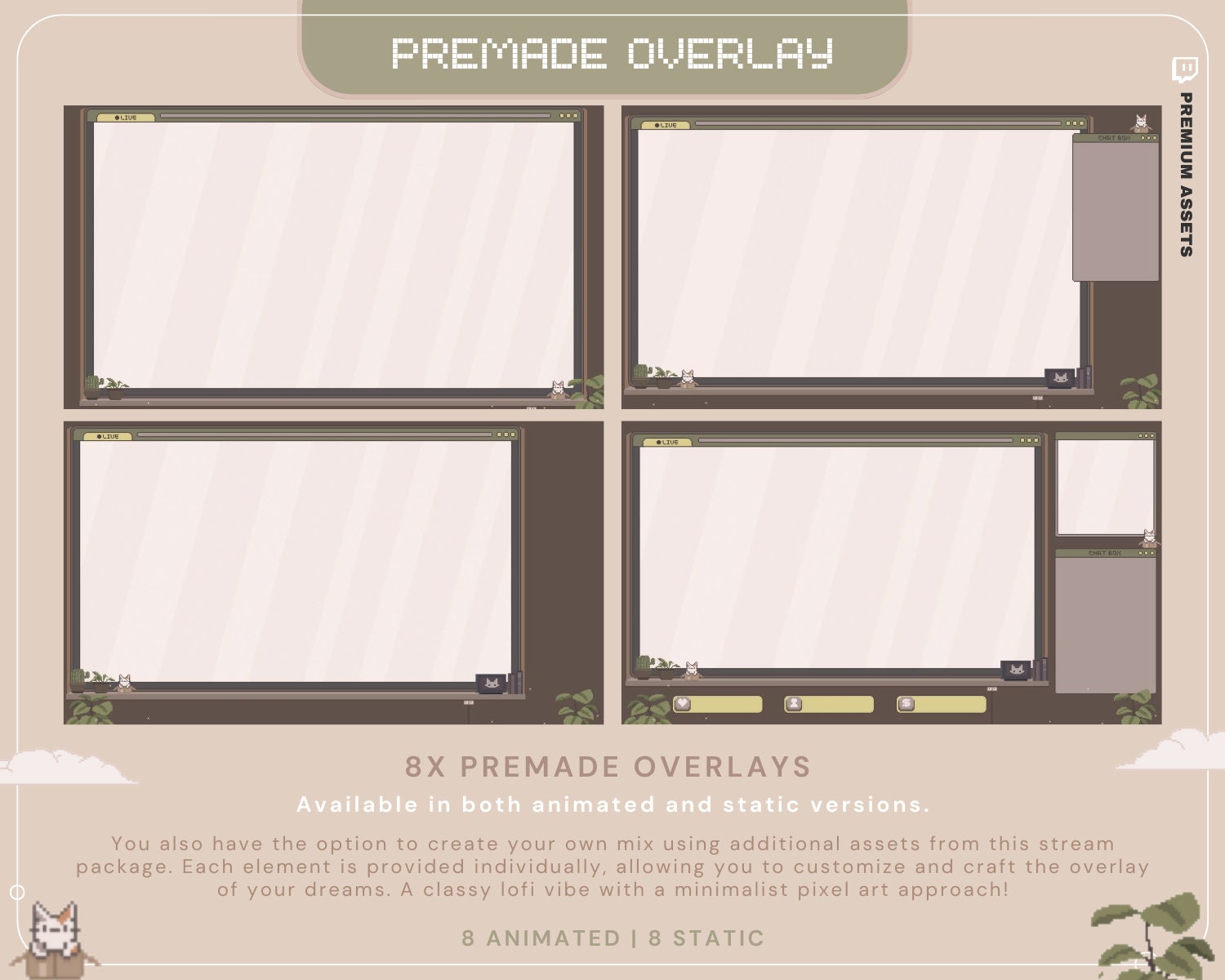 Cat Stream Animated Overlay Pack: Kitty Streamer Vtuber Kick Youtube Lofi