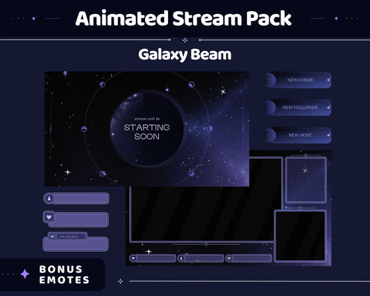 Galaxy Space Animation Stream Pack Dark Galaxy Star Animated Overlay Full Streaming Bundle Just Chatting Vtuber Friendly Emotes Panel Alerts