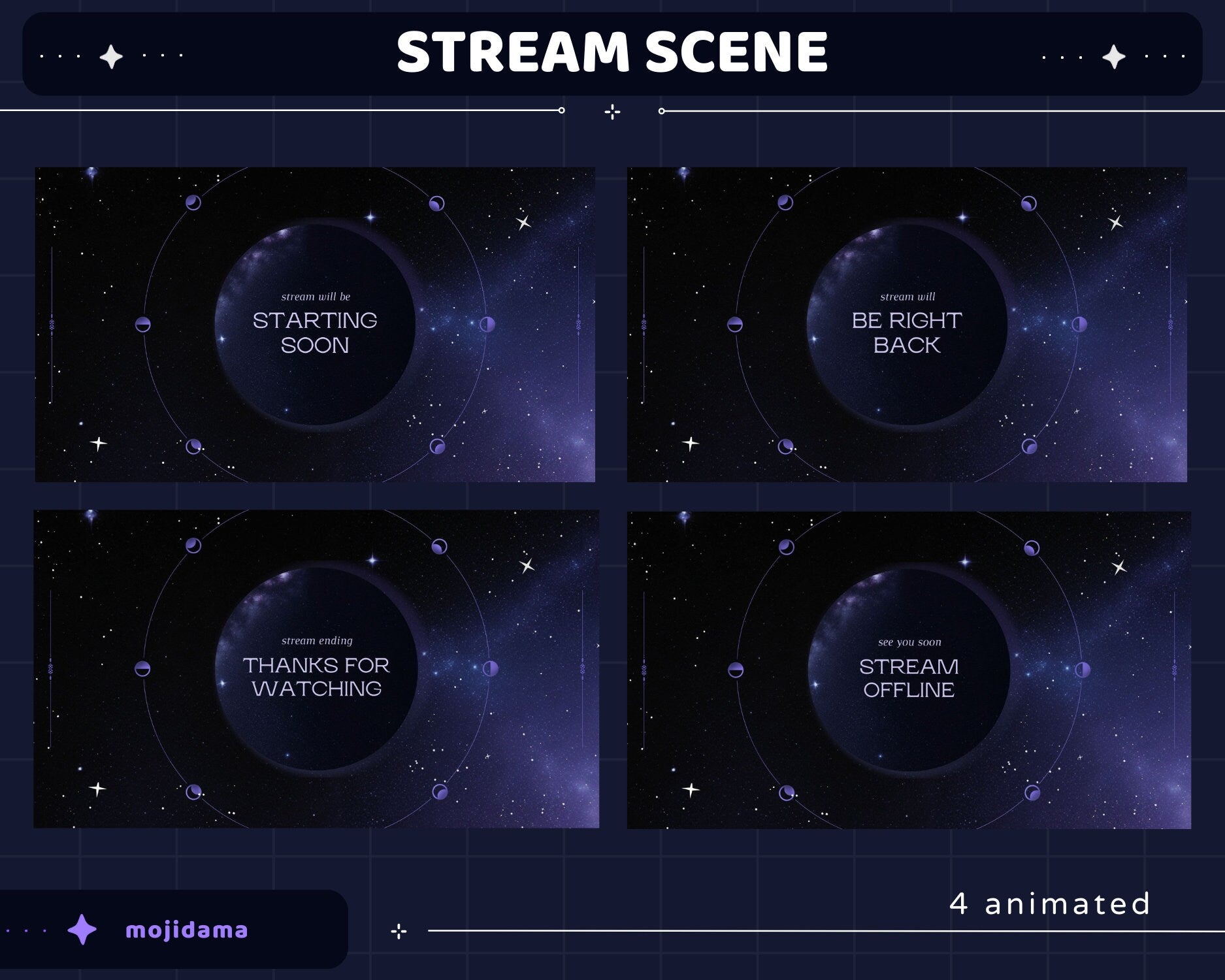 Galaxy Space Animation Stream Pack Dark Galaxy Star Animated Overlay Full Streaming Bundle Just Chatting Vtuber Friendly Emotes Panel Alerts