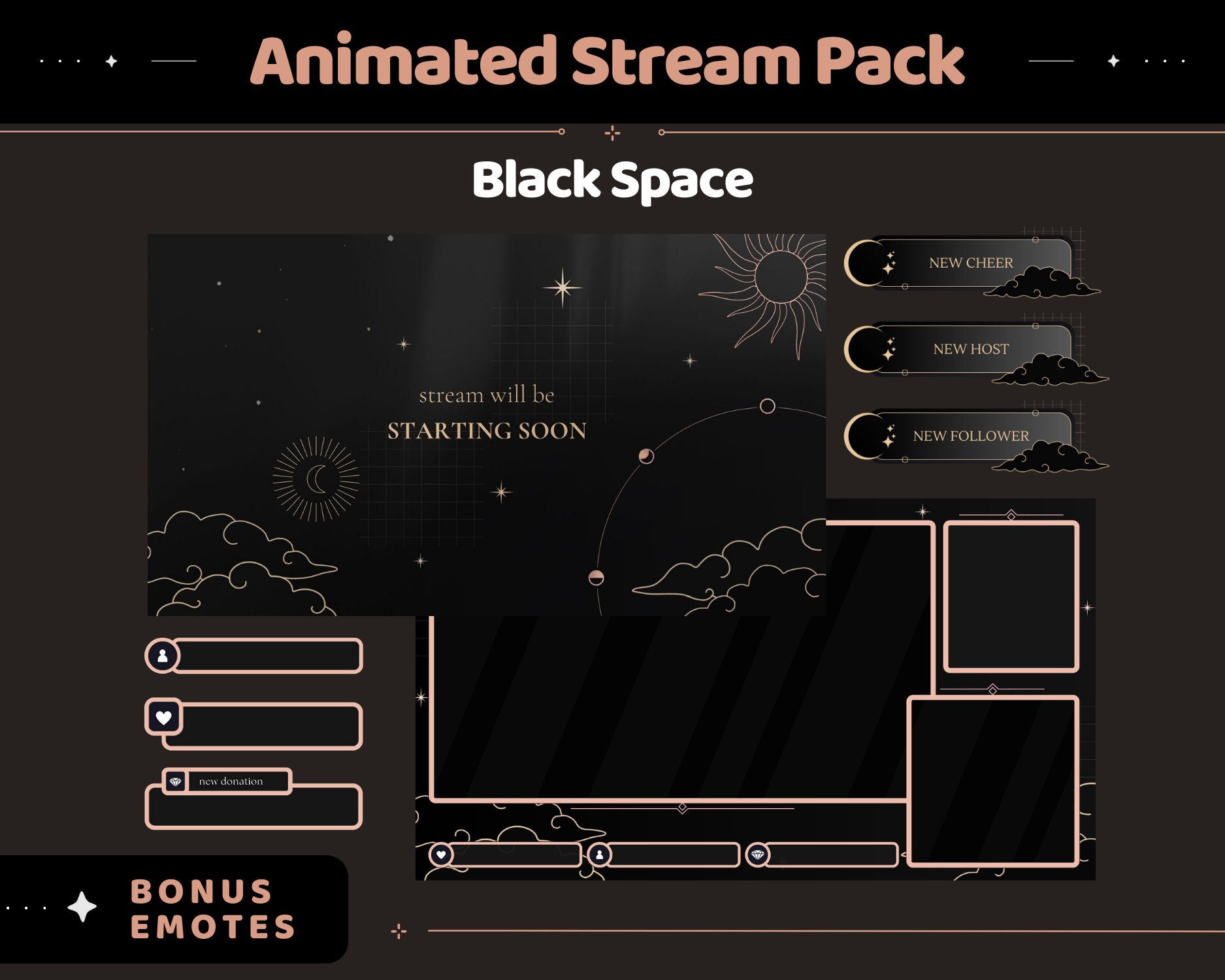 Black Space Animation Stream Pack Dark Aesthetic Star Animated Overlay Full Package Streaming Bundle Just Chatting Vtuber Friendly Emotes