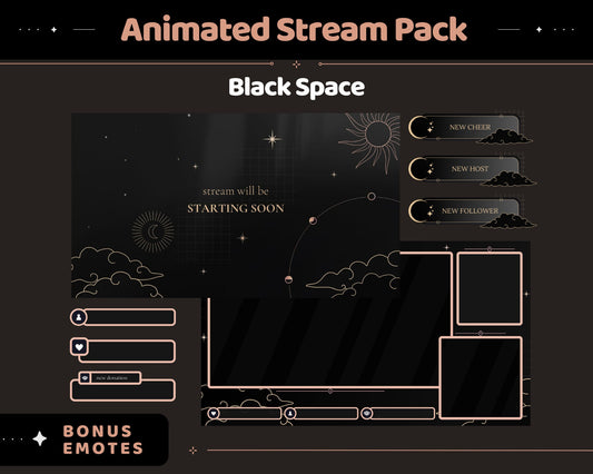 Black Space Animation Stream Pack Dark Aesthetic Star Animated Overlay Full Package Streaming Bundle Just Chatting Vtuber Friendly Emotes