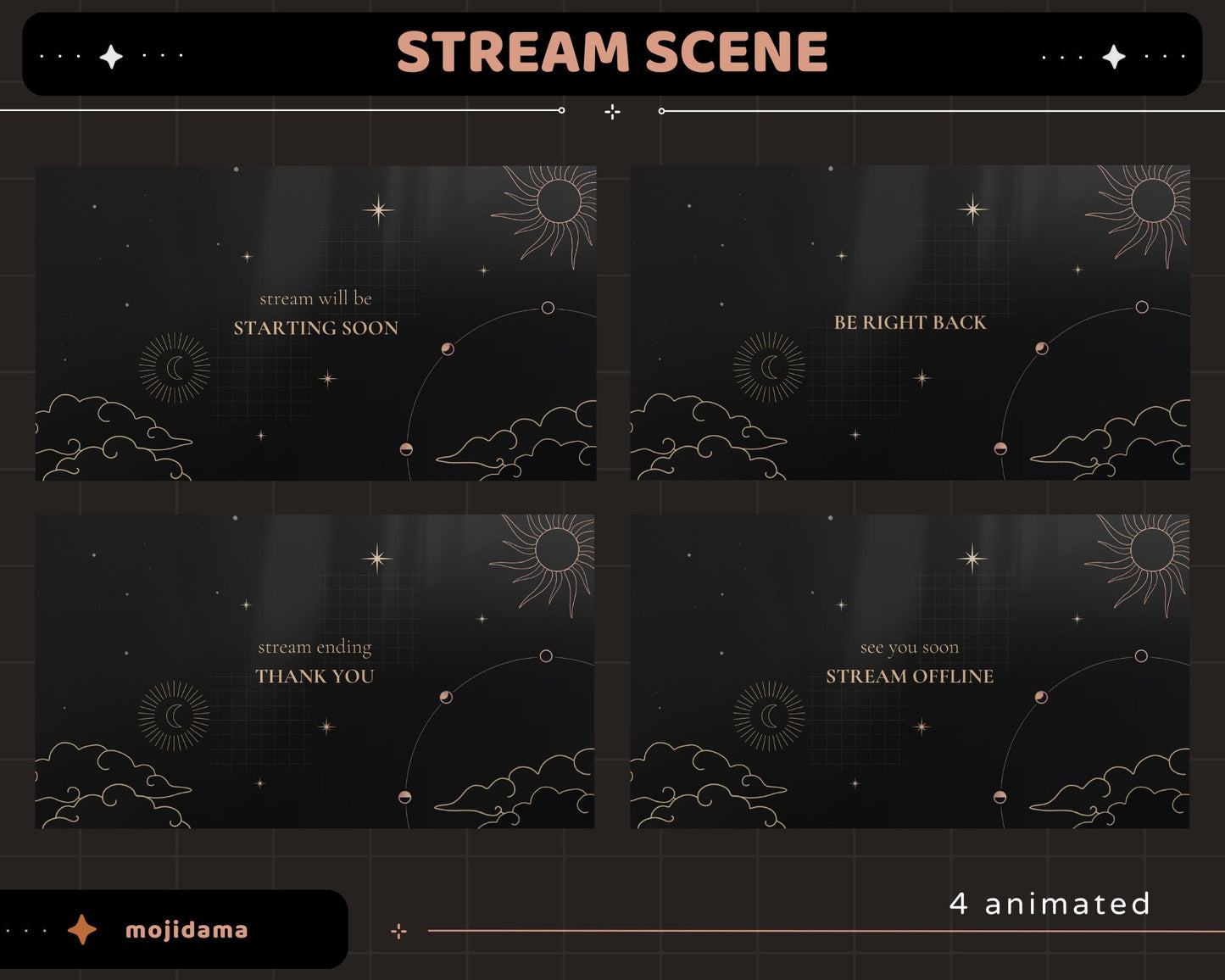 Black Space Animation Stream Pack Dark Aesthetic Star Animated Overlay Full Package Streaming Bundle Just Chatting Vtuber Friendly Emotes