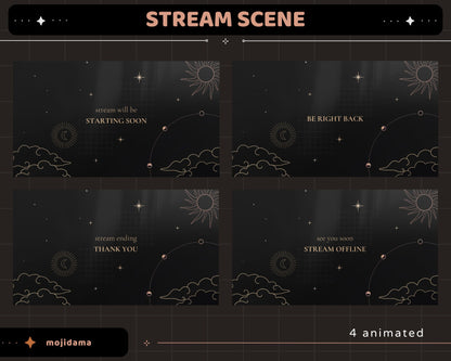 Black Space Animation Stream Pack Dark Aesthetic Star Animated Overlay Full Package Streaming Bundle Just Chatting Vtuber Friendly Emotes